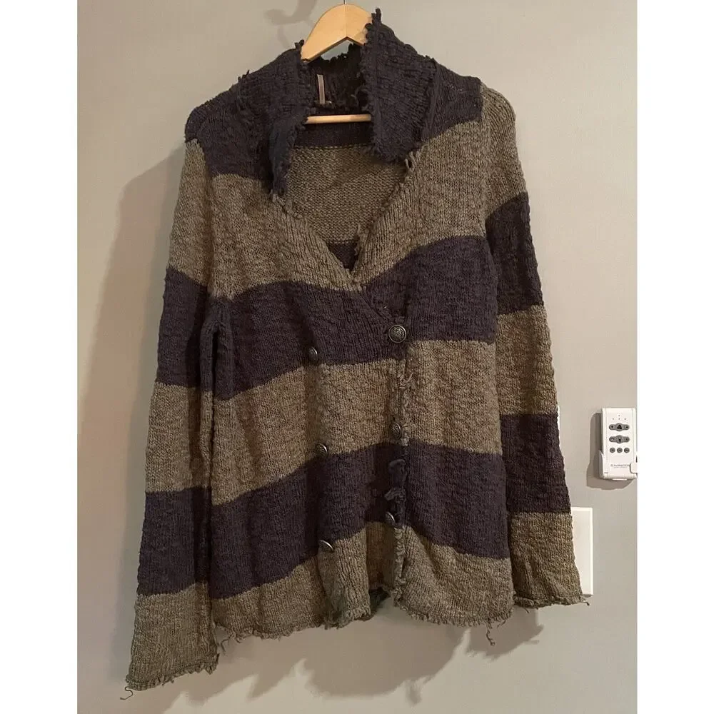 Free‎ People Sweater Colorblock Stripe Double Breasted Cotton Cardigan Large